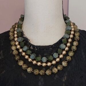 Green and Gold Tone Beads Triple Strand Statement Necklace